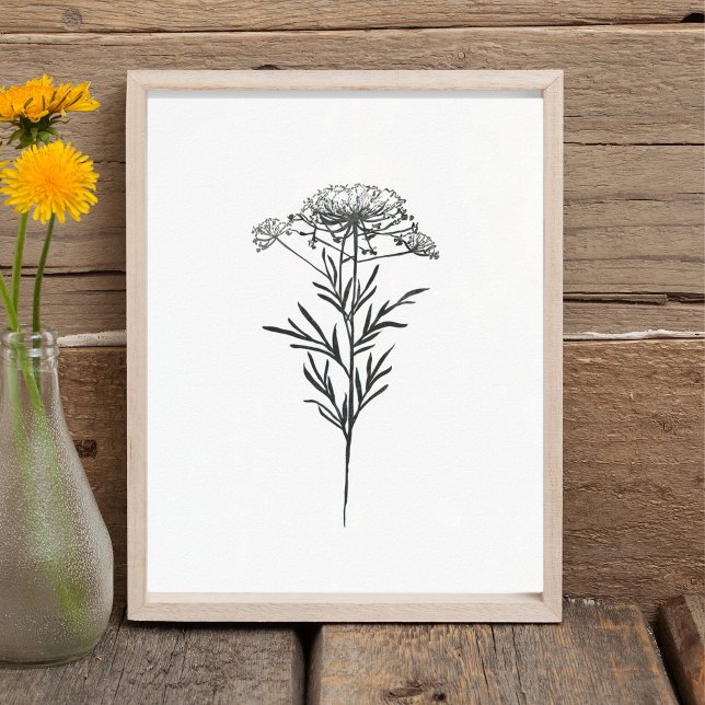 Poster Desenho Mínimo Da Flor De Tinta Em Preto (Criador carregado)