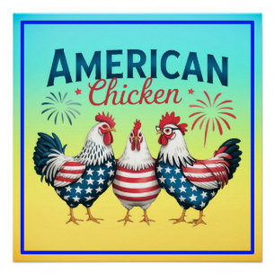Póster Desenho Patriótico Americano de Frango de 4 de Jul