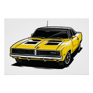 Póster Desenho Pop de Muscle Car Amarelo Ousado