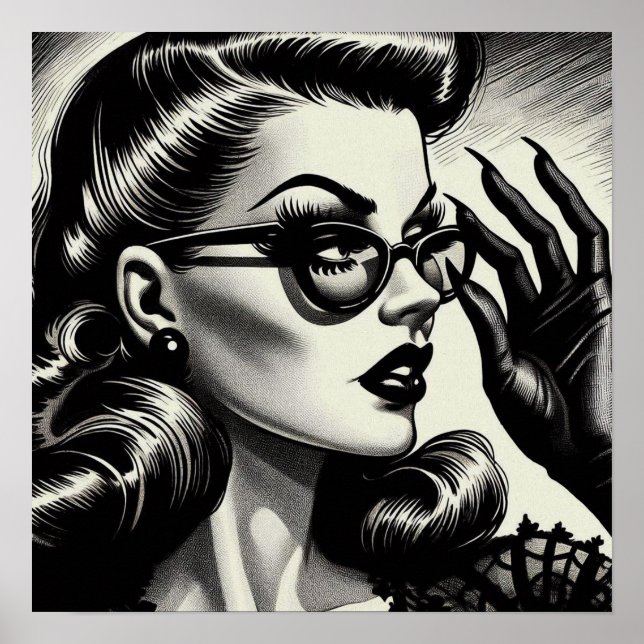 Poster Desenho Preto e Branco da Vintage Girl (Frente)