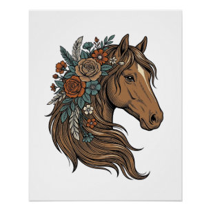 Póster Desenho Vetorial de Cabeça de Cavalo Floral Vintag