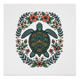 Póster Desenho Vetorial Floral de Tartaruga Marinha Vinta