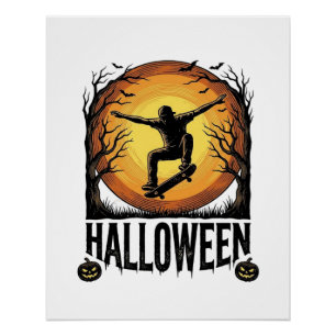 Póster Desenho Vetorial Vintage de Skate de Halloween Lua