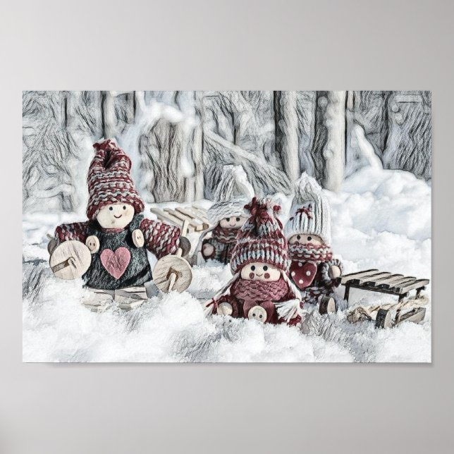 Poster Desenho Vintage de Gnomos na Neve (Frente)