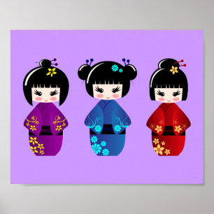 Póster Desenhos animados bonitos das bonecas do kokeshi
