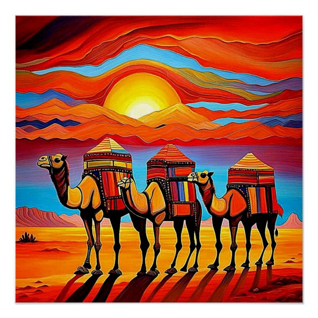 Póster Desert Camel Caravan no pôr do sol 1 (Frente)