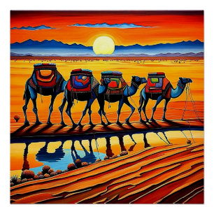Póster Desert Camel Caravan no pôr do sol 4