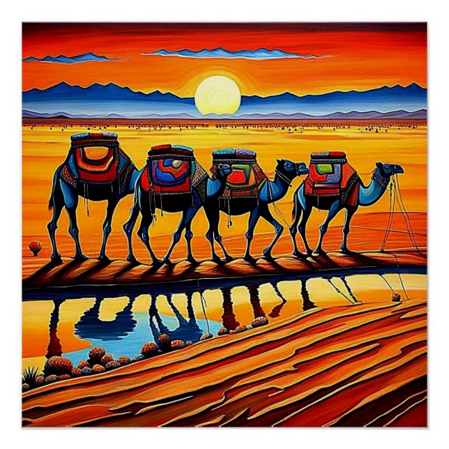 Póster Desert Camel Caravan no pôr do sol 4 (Frente)