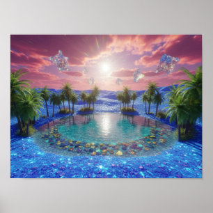 Poster Deserto Azul Neon e Cristais Flutuantes