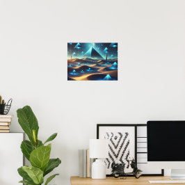 Poster Deserto Azul Surreal e Pirâmides Flutuantes