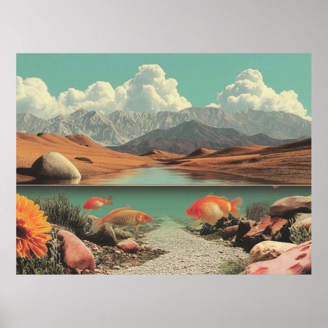 Poster Deserto e Lago Surreal com Peixes Dourados (Frente)