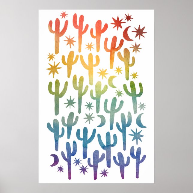 Poster Deserto Noturno Diversão Cactus Rainbow Patterna W (Frente)