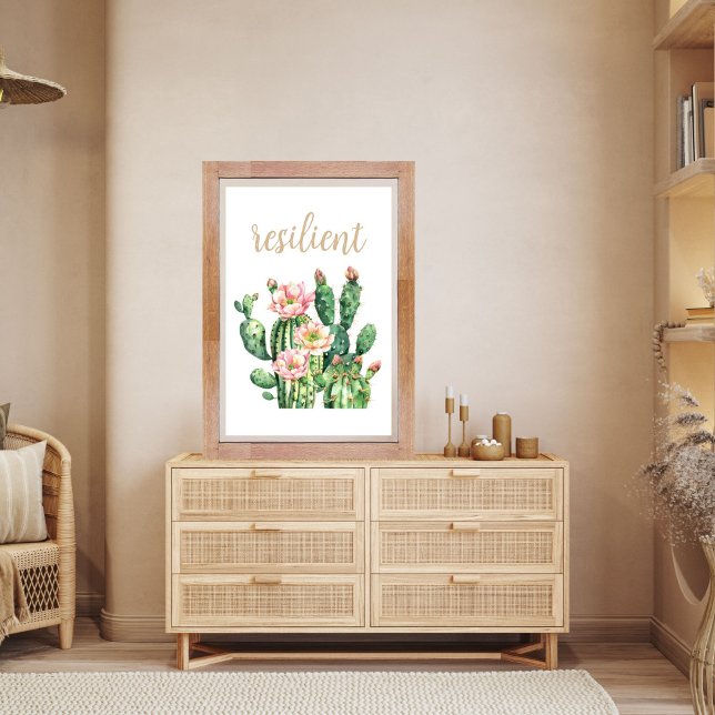 Poster Deserto Resiliente De Aquarelas De Pera Roca (Prickly Pear Cactus Blossom Inspirational Wall Art In Customizable Size and Editable Resilient Text)