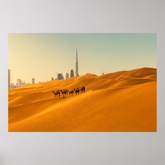 Poster Desertos | Vista Skyline do Dubai com Camelos (Frente)