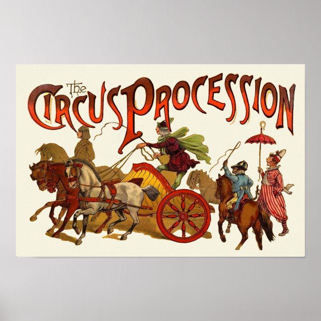 Póster Desfile de Circo Antigo Palhaços Cavalos (Frente)
