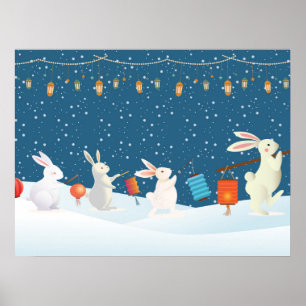 Poster Desfile de Lanterna de Coelhinhos Fofos pela Neve 