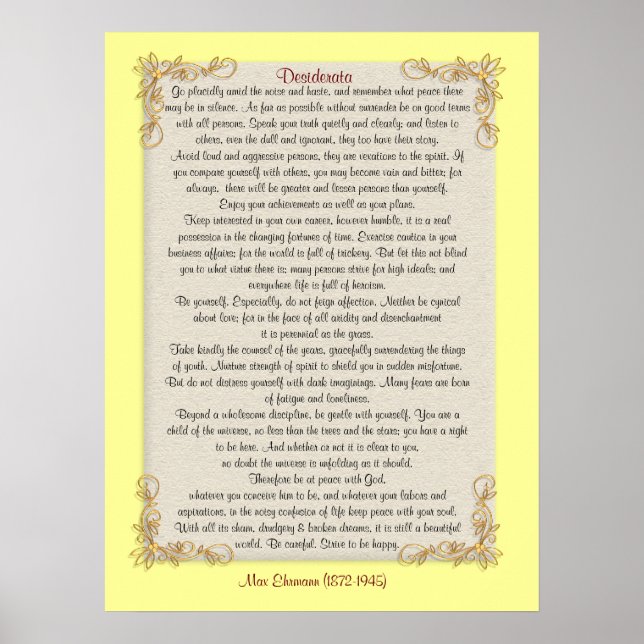Póster Desiderata "coisas desejadas", cores personalizáve (Frente)