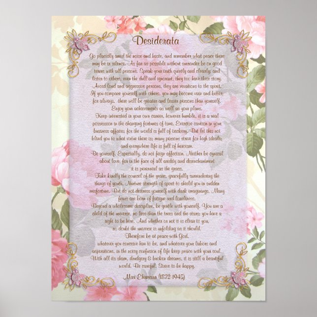 Poster Desiderata "coisas desejadas", prosa floral (Frente)