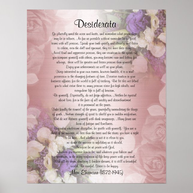 Poster Desiderata "coisas desejadas", prosa no floral (Frente)