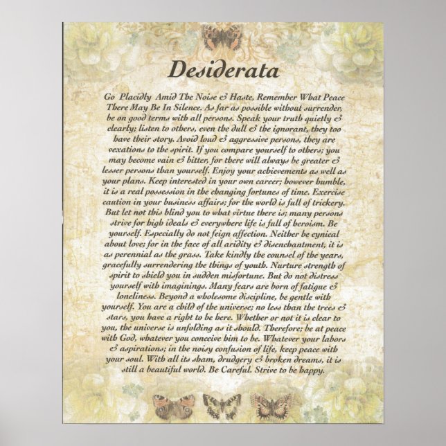 Póster DESIDERATA com borboletas cuidadosas (Frente)