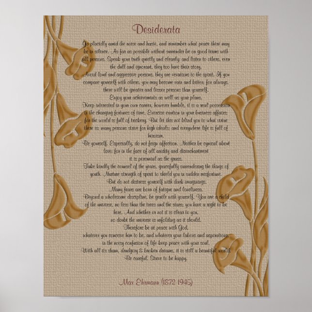 Póster Desiderata com lírios calla (Frente)
