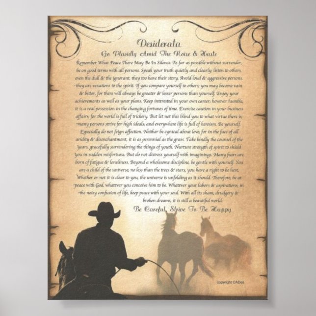 Póster DESIDERATA Western Swing Rodeo Cowboy Roping (Frente)