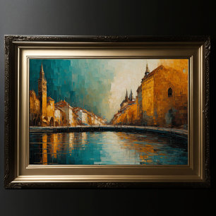 Poster Design Abstrato Moderno Laranja Azul Dourado Europ