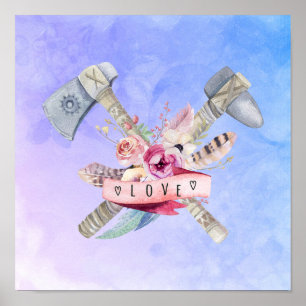 Poster Design da aguarela do martelo e das flores do