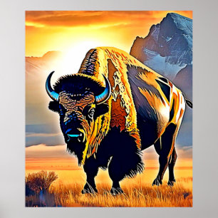 Poster Design de Arte de Bisonte da Montanha do Pôr do So