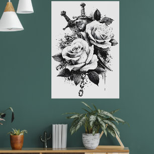 Poster Design de Arte de Tatuagem Branca e Preta de Alto 