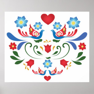 Poster Design de arte popular de aves e flores