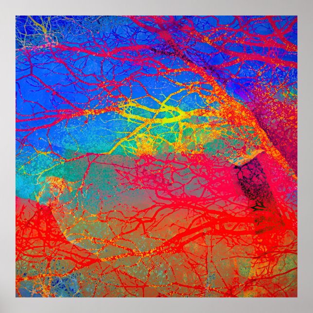 Poster Design de árvore abstrato em vermelho e azul (Frente)