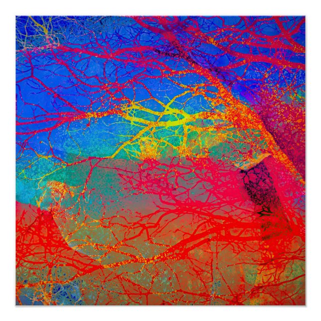 Póster Design de árvore abstrato em vermelho e azul (Frente)