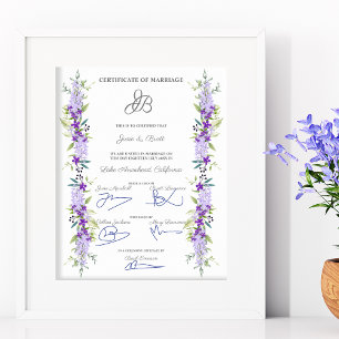 Poster Design de Certificado do casamento com Flores e Fo