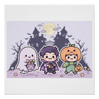Póster Design de Chibi Dia das Bruxas para Crianças