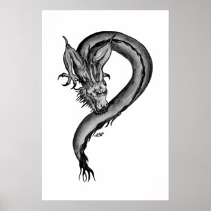 Póster Design de dragão preto e branco