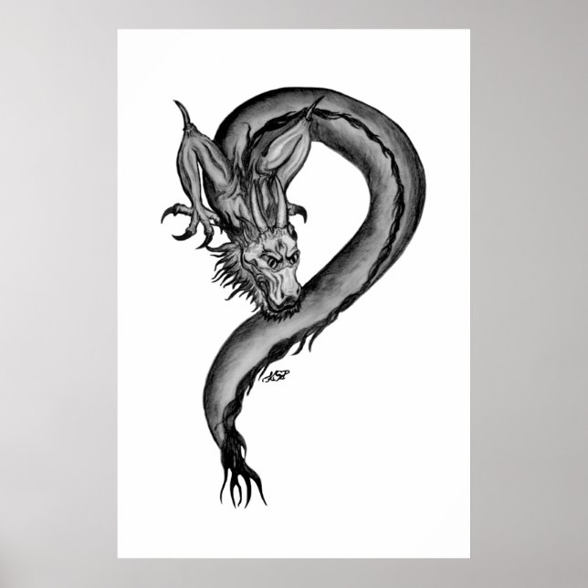 Póster Design de dragão preto e branco (Frente)