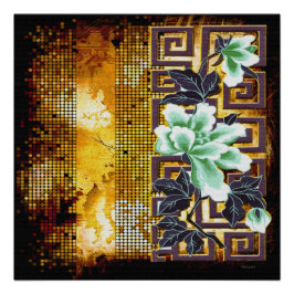 Póster Design de Flor Asiática Art Déco Vintage Danificad