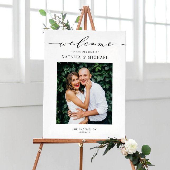 Poster Design de Foto de Casamento de Script de Densidade (Elegant photo wedding welcome sign with black calligraphy and minimalist script.)