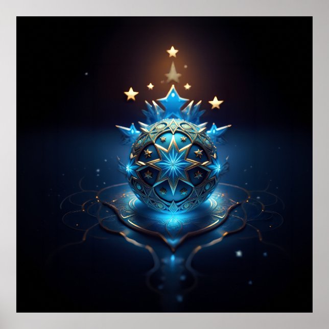 Poster Design de Fractal Branco Azul Com Estrelas (Frente)