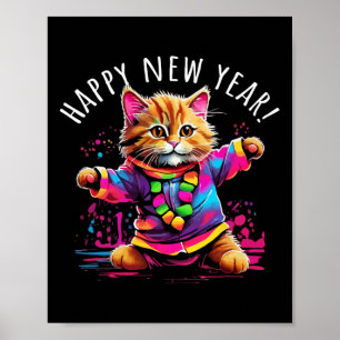Poster Design de Gato Dançante de feliz ano novo