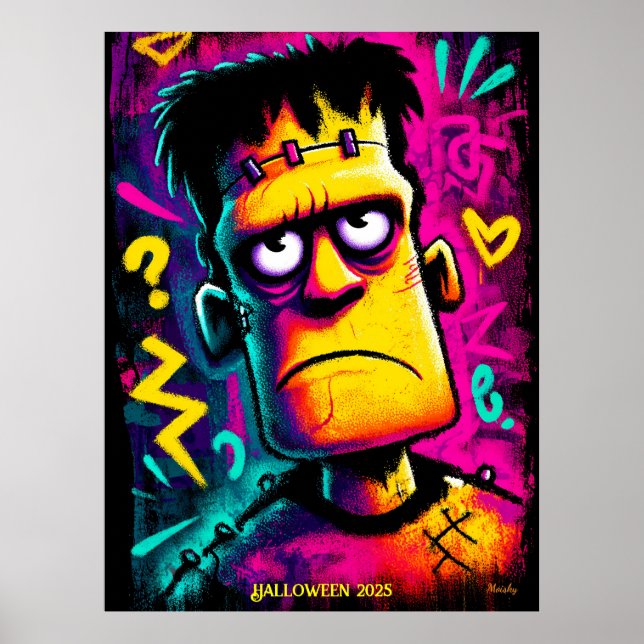 Poster Design de Halloween retrô Frankenstein néon person (Frente)