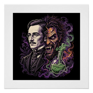 Póster Design de Horror com Rosto Dividido de Jekyll e Hy