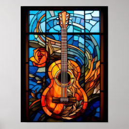 Poster Design de janela de vidro colorido com violão