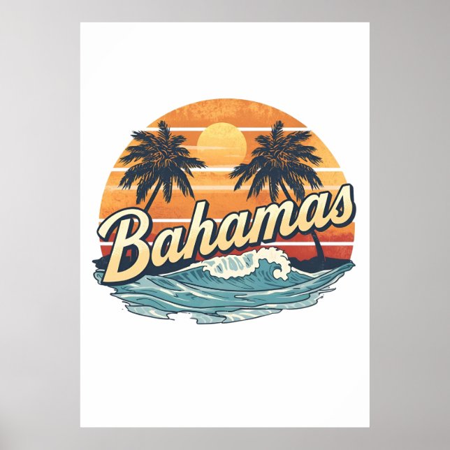 Poster Design de Palmeiras no Pôr do Sol Retro das Bahama (Frente)