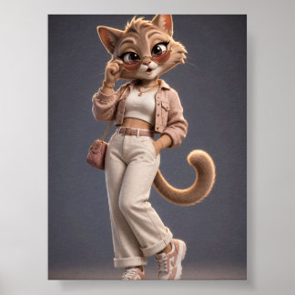 Poster Design de Personagem de Gato Animado 3D Chic e Ele