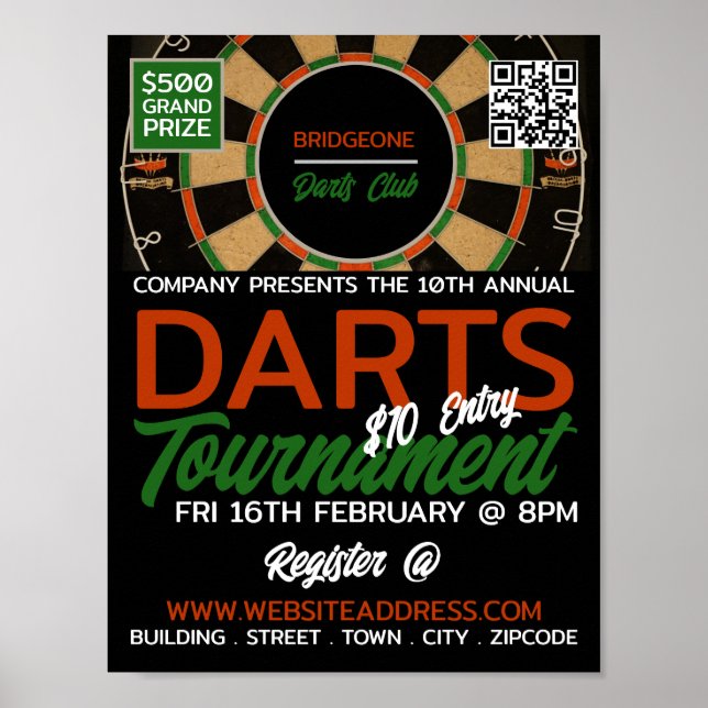 Poster Design de prancheta, Anúncios de Torneio Darts (Frente)