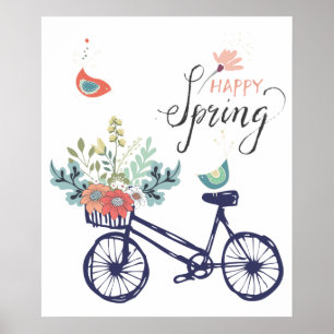 Poster Design de primavera feliz: bicicleta, flores e ave