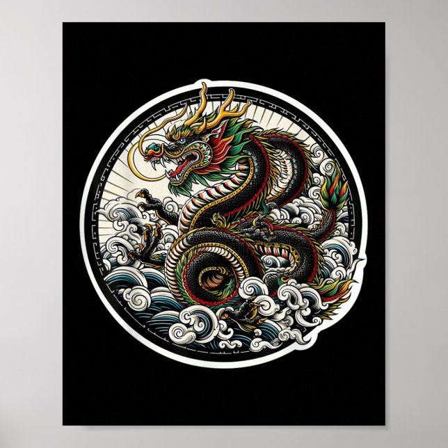 Poster Design de Tatuagem Sortuda do Dragão Asiático V (Frente)