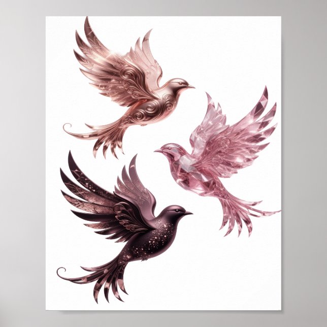 Poster Design de Três Pássaros Rosas Prateados que Chamam (Frente)